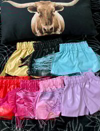 Image 1 of Faux leather cowgirl fringe shorts 