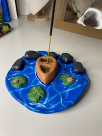 Image 2 of Canoe boat and waterlillies clay incense holder