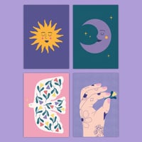 Image 1 of Lot cartes postales A6 - Soleil, Lune violette, Oiseau et Minuscule
