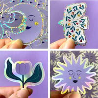 Image 1 of Lot stickers pailletés et holographiques - Lune, Oiseau, Tulipe et Soleil