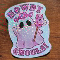 Image 1 of Howdy Ghouls! Pink Cowboy Ghost holographic dot sticker, 2.5"