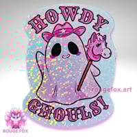 Image 2 of Howdy Ghouls! Pink Cowboy Ghost holographic dot sticker, 2.5"