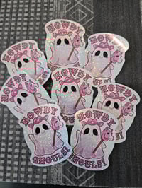 Image 4 of Howdy Ghouls! Pink Cowboy Ghost holographic dot sticker, 2.5"