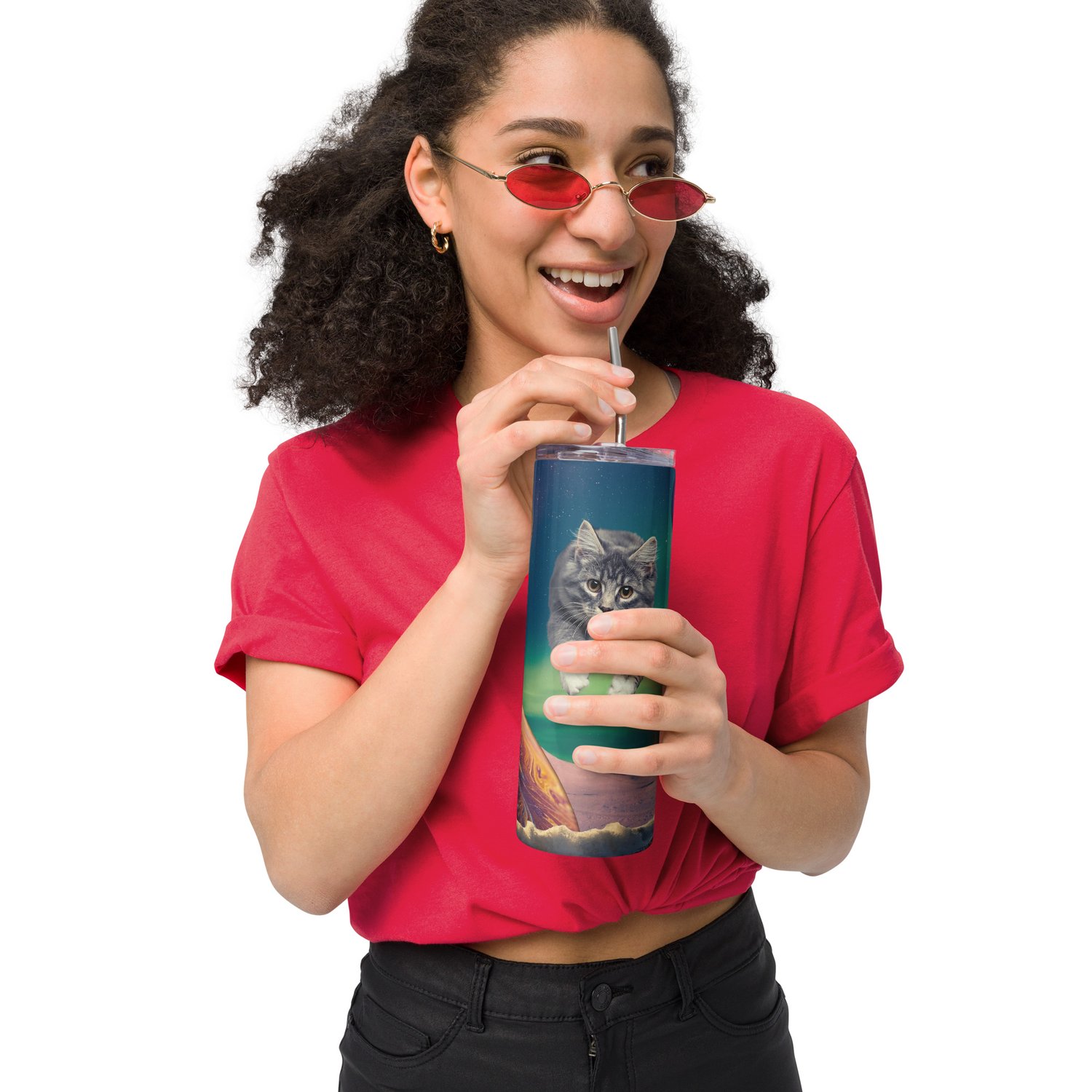 Image of Cat Flying through Space - Stainless Steel Tumbler - 20 oz