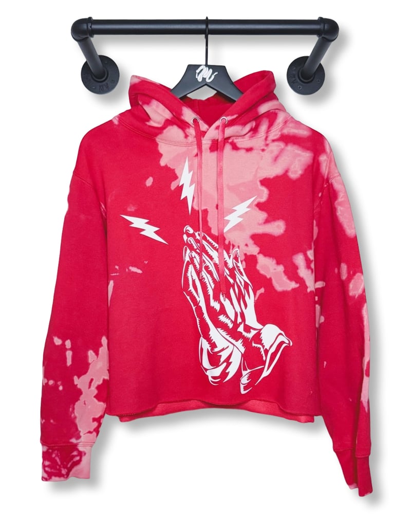 Image of Power of Prayer Cutoff Bleached Hoodie-Red/White