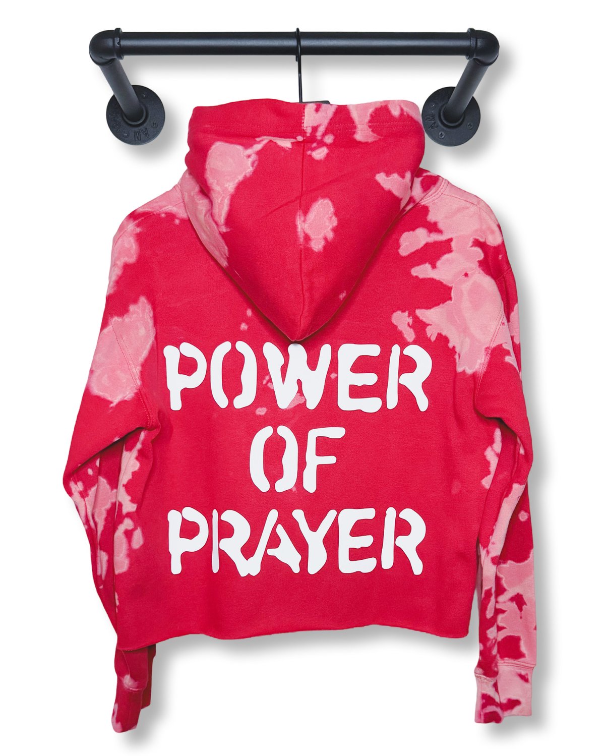 Image of Power of Prayer Cutoff Bleached Hoodie-Red/White