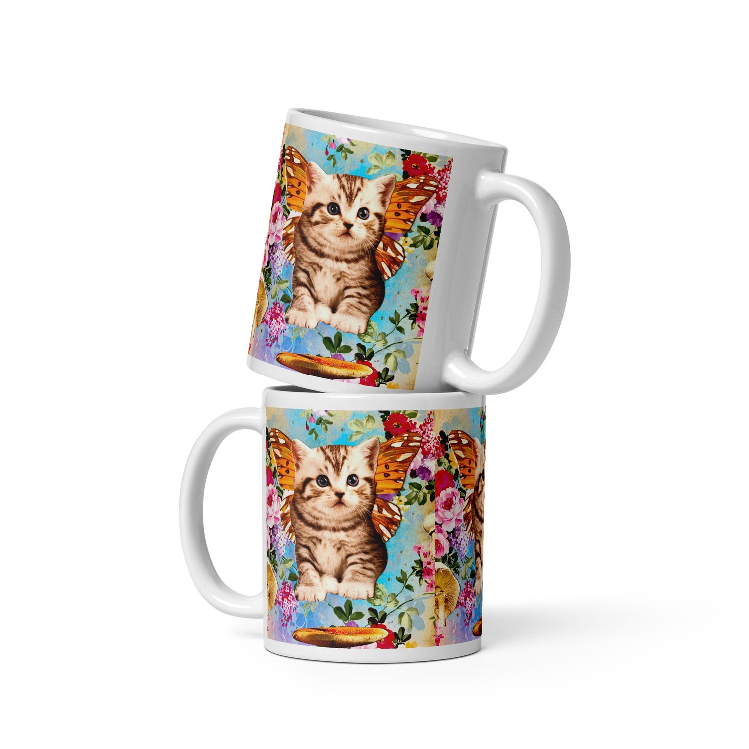 Image of Butterfly Mushroom Kitty - White Glossy Mug