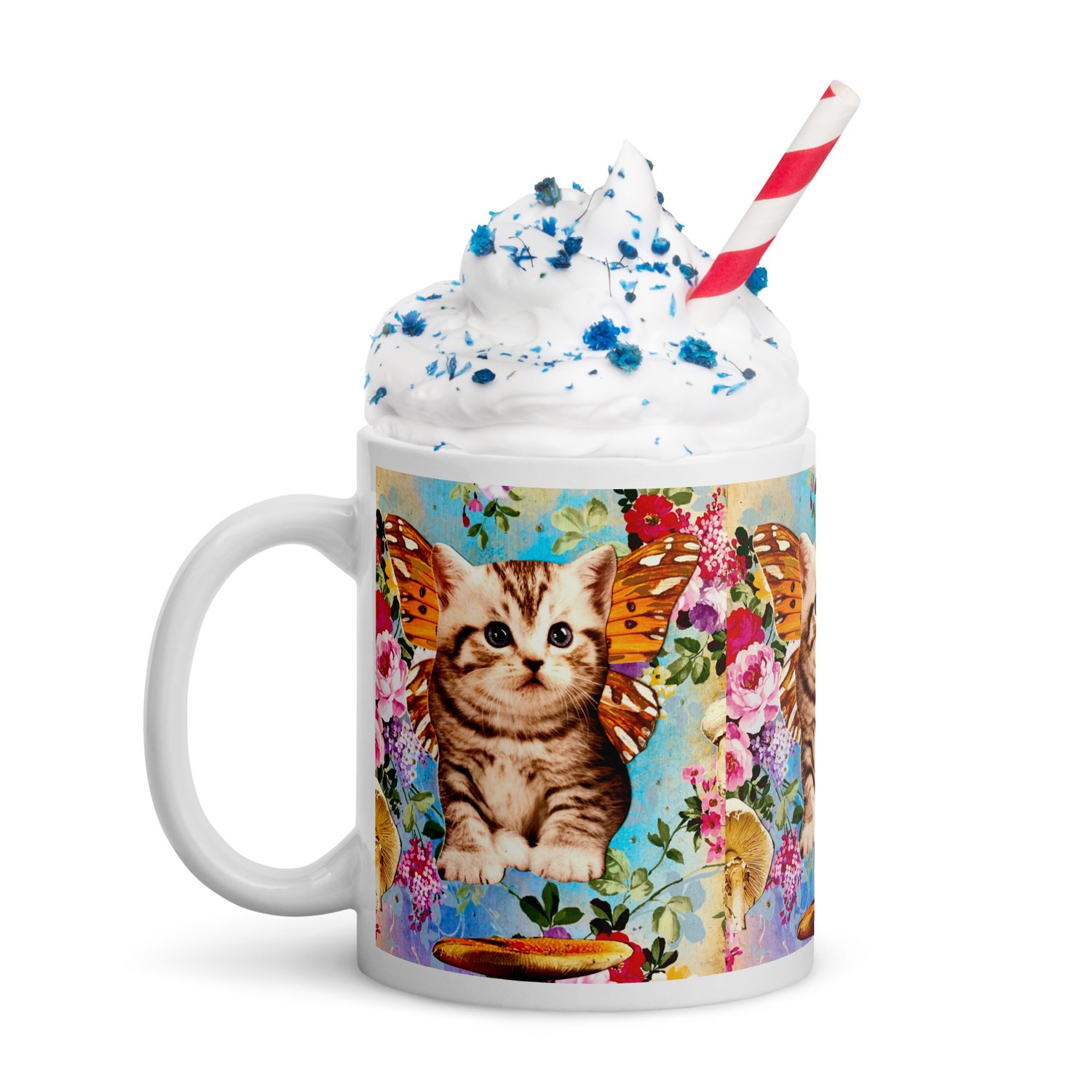 Image of Butterfly Mushroom Kitty - White Glossy Mug