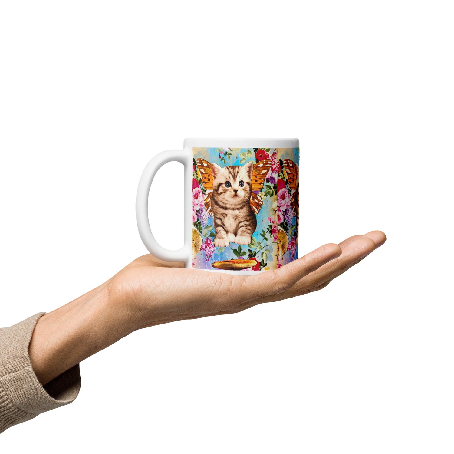 Image of Butterfly Mushroom Kitty - White Glossy Mug