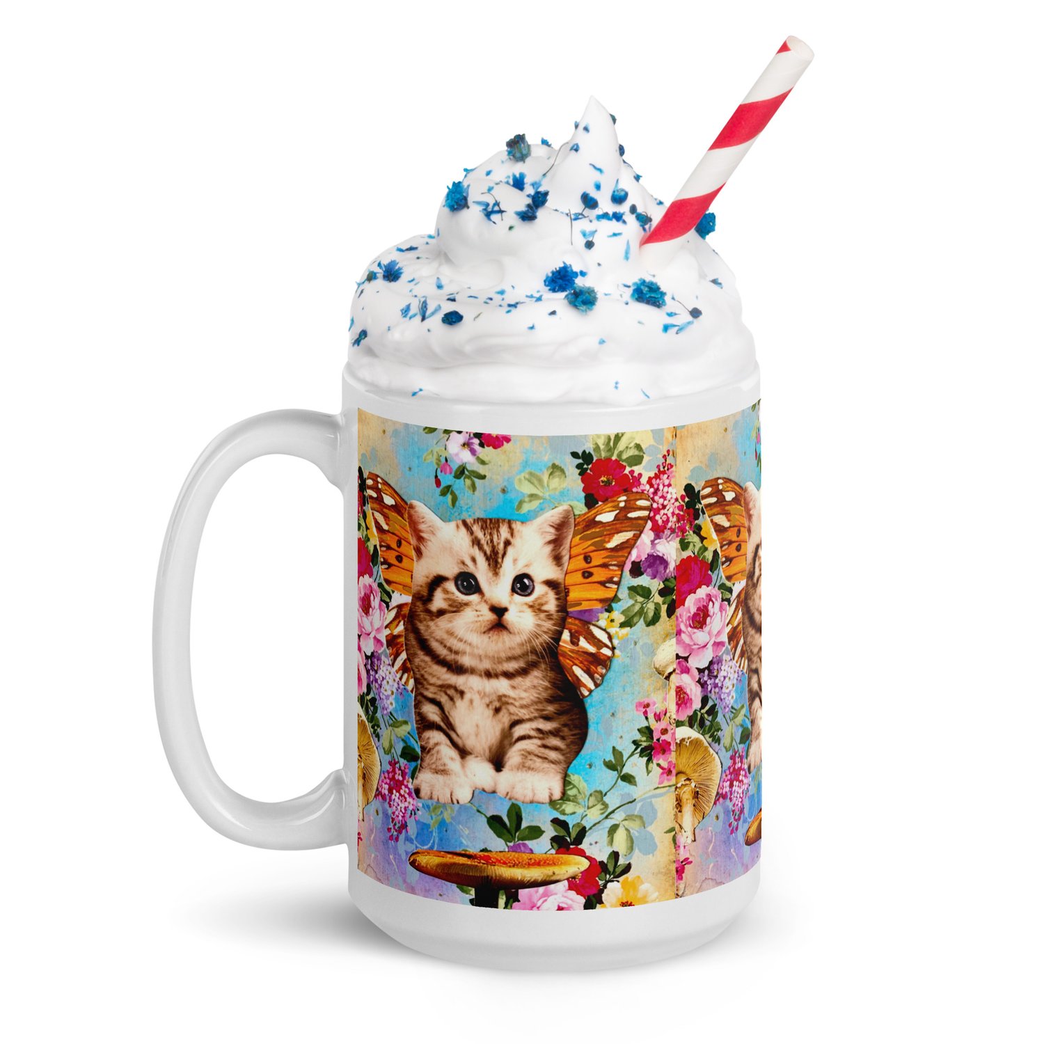 Image of Butterfly Mushroom Kitty - White Glossy Mug
