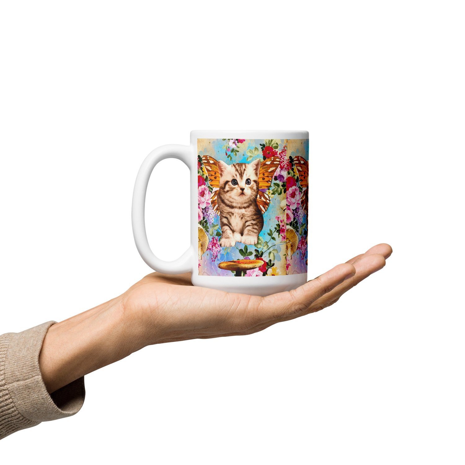 Image of Butterfly Mushroom Kitty - White Glossy Mug