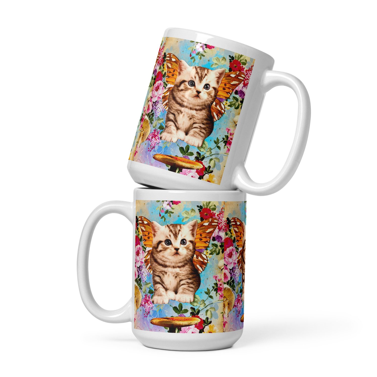 Image of Butterfly Mushroom Kitty - White Glossy Mug