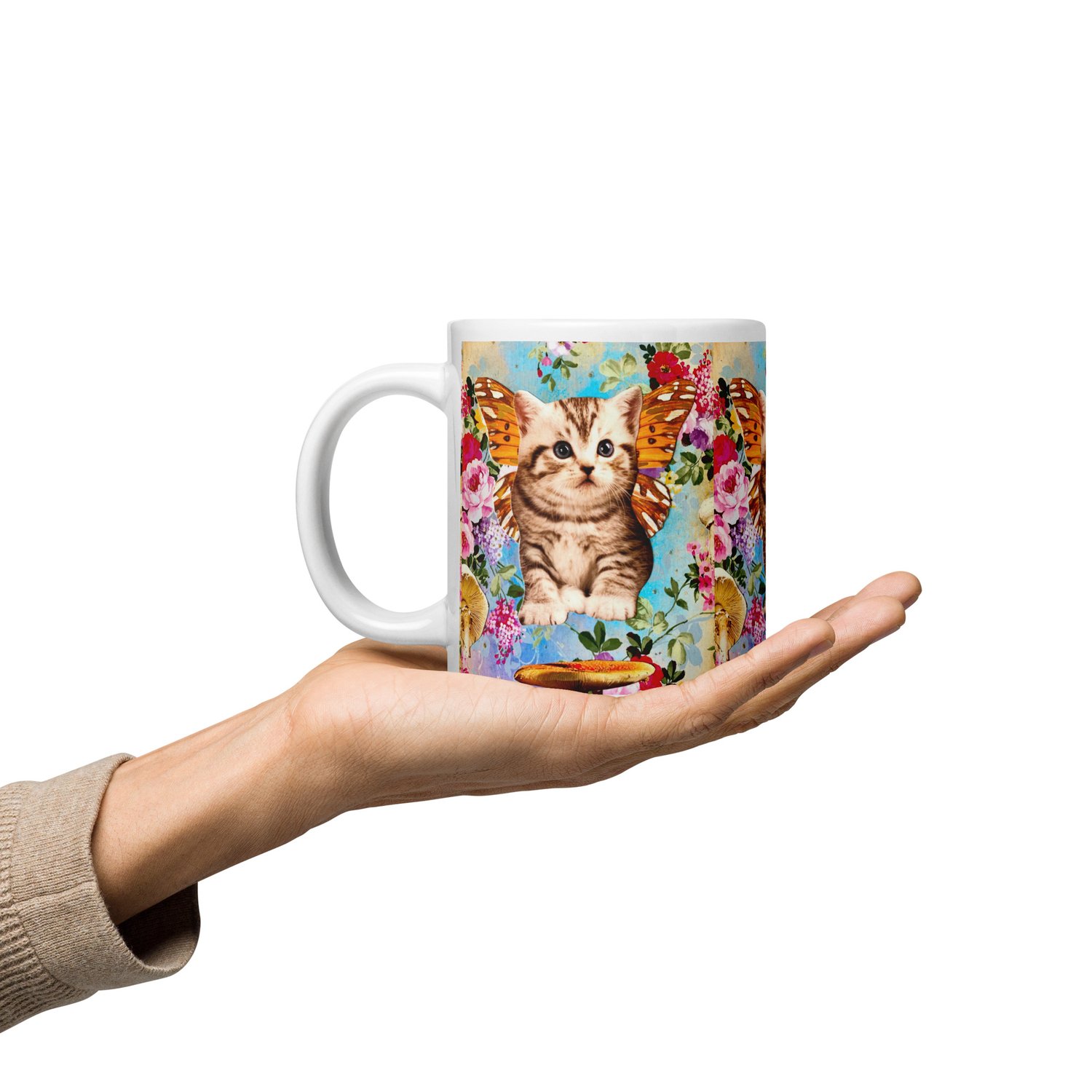 Image of Butterfly Mushroom Kitty - White Glossy Mug