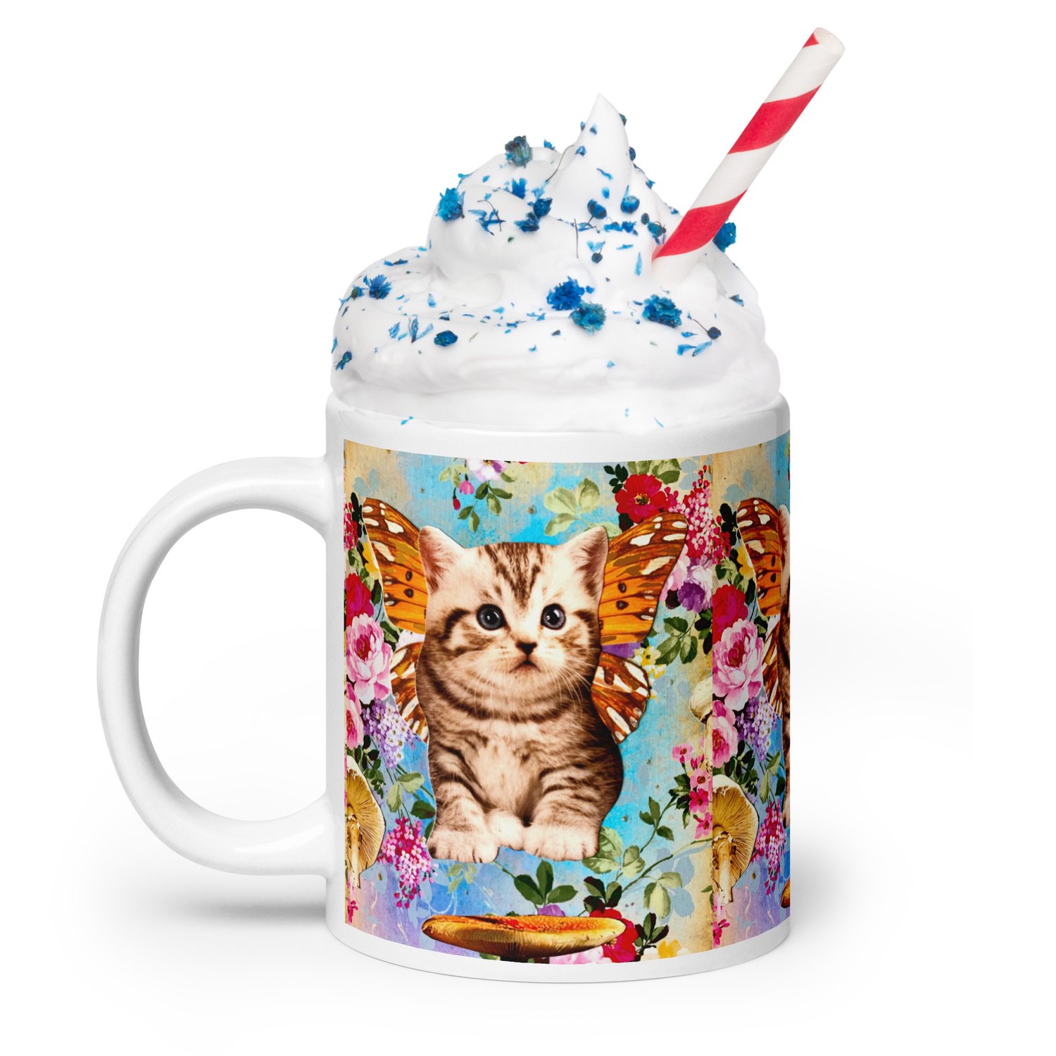 Image of Butterfly Mushroom Kitty - White Glossy Mug