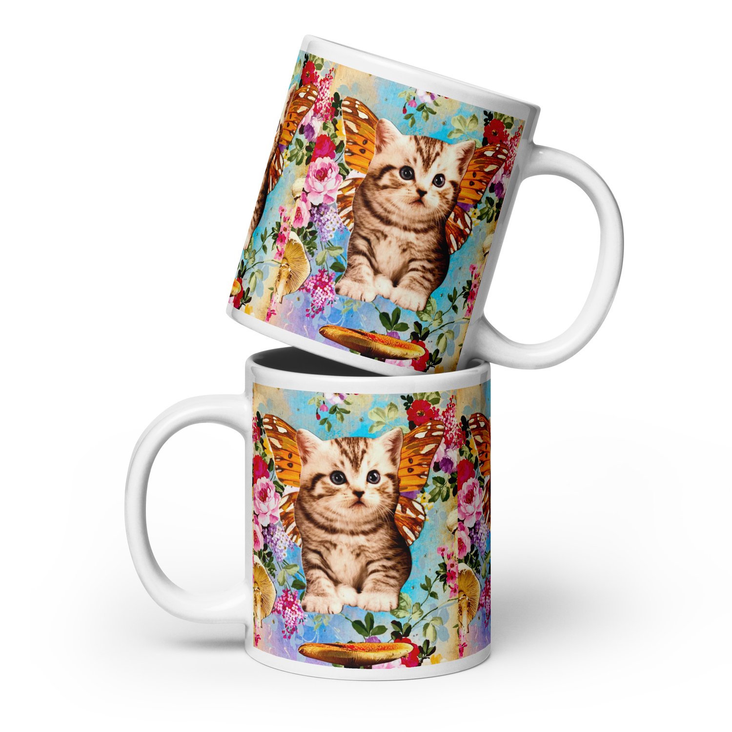 Image of Butterfly Mushroom Kitty - White Glossy Mug