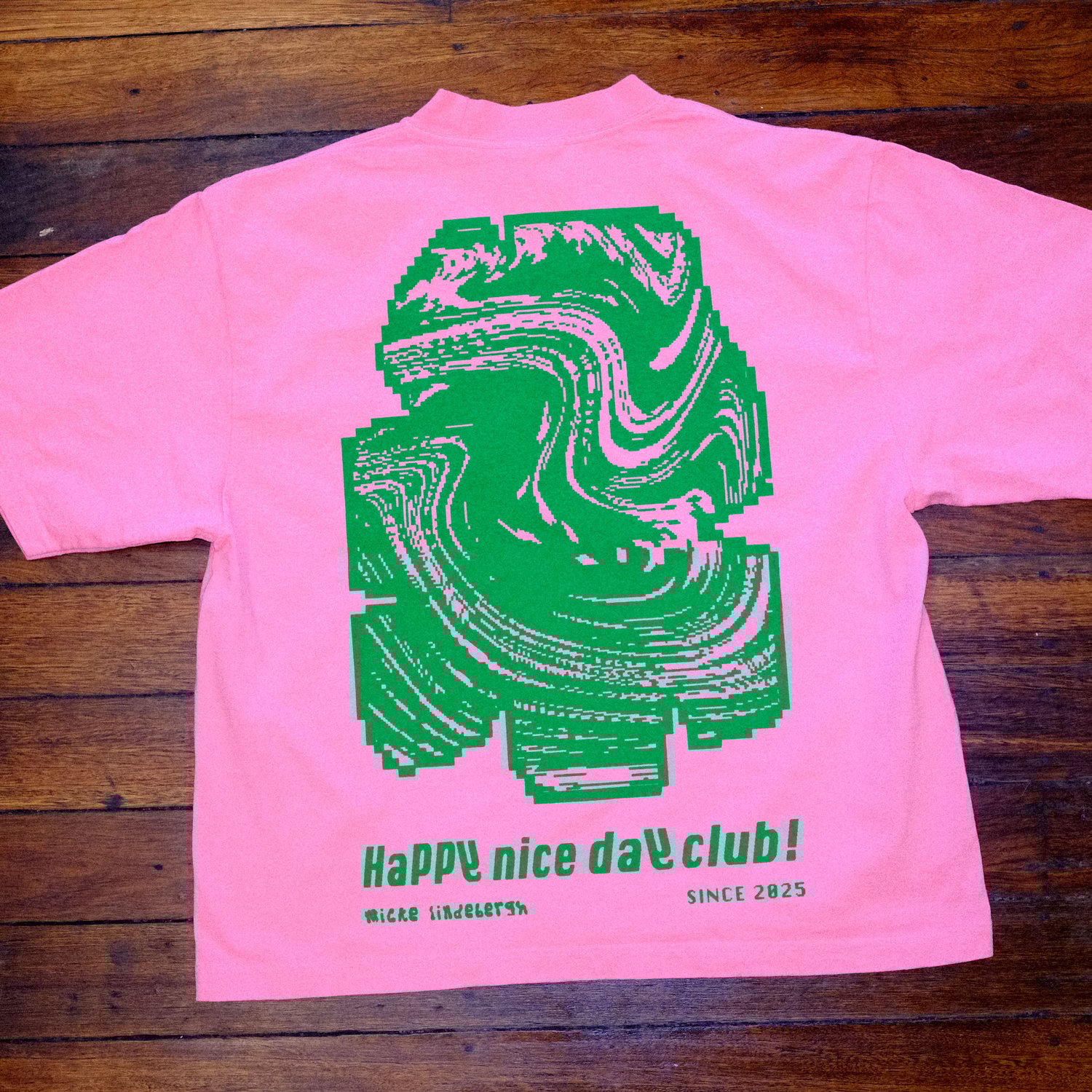 Image of Happy nice day club!e Neon green on coral