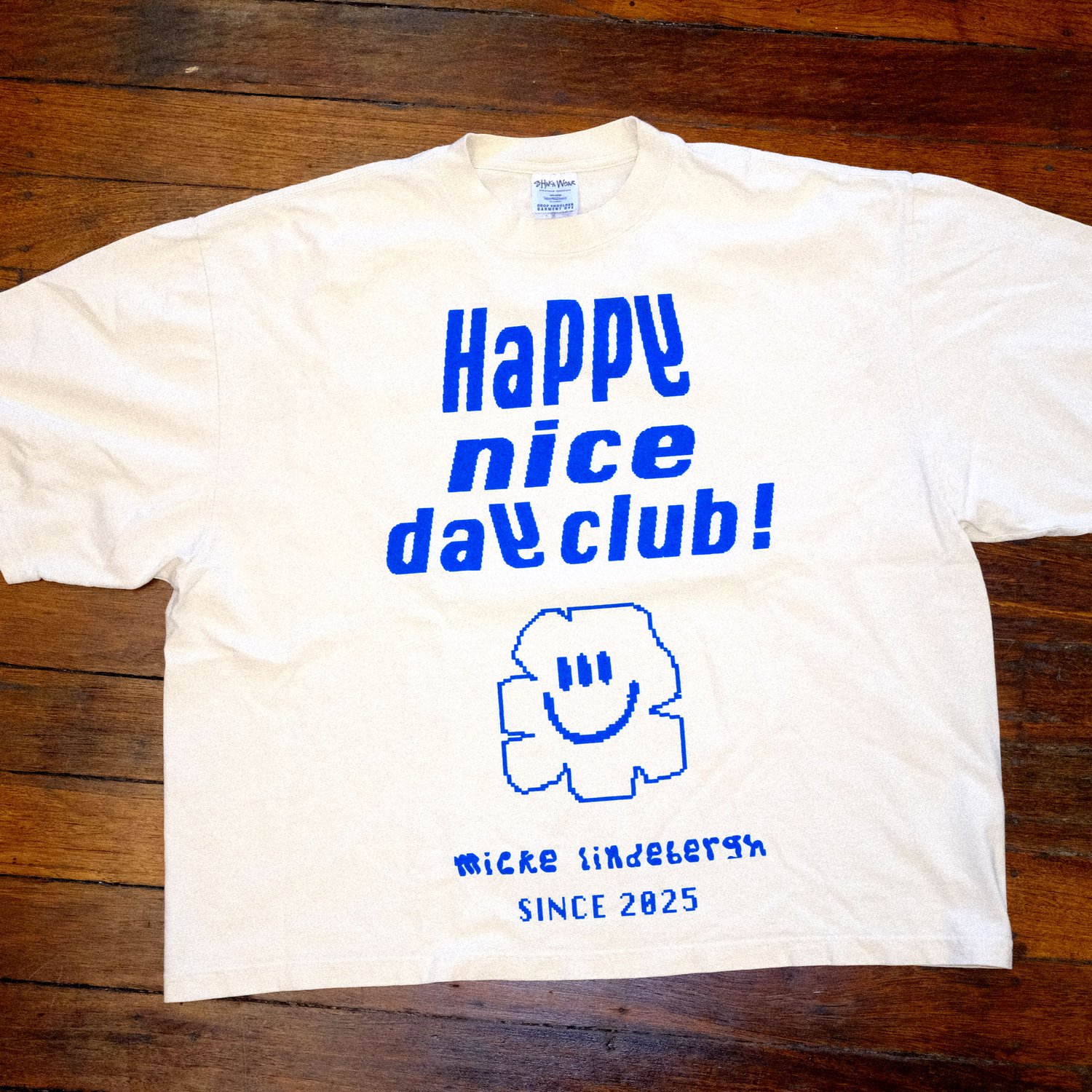Image of Happy nice day club! Size large Cream Blue Print