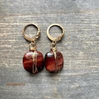Image 5 of Red Tiger Eye Earrings, Gold Wire Wrapped Earrings, Squared Gemstone, Dangle Earrings, 