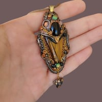 Image 3 of Tiger's Eye & Obsidian Steampunk Tribal Pendant