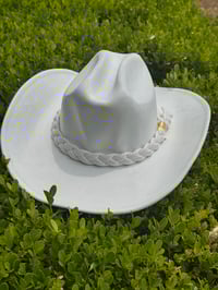 Image 1 of White Wide Brim Cowboy Hat w/ Braided Trim