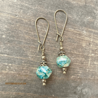 Image 2 of Emerald Green Boho Dangle Earrings, Bronze Earrings, Festival Jewelry, Beaded Earrings