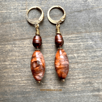 Image 1 of Orange Boho Earrings, Lightweight Earrings, Pearl Dangle Earrings, Boho Earrings