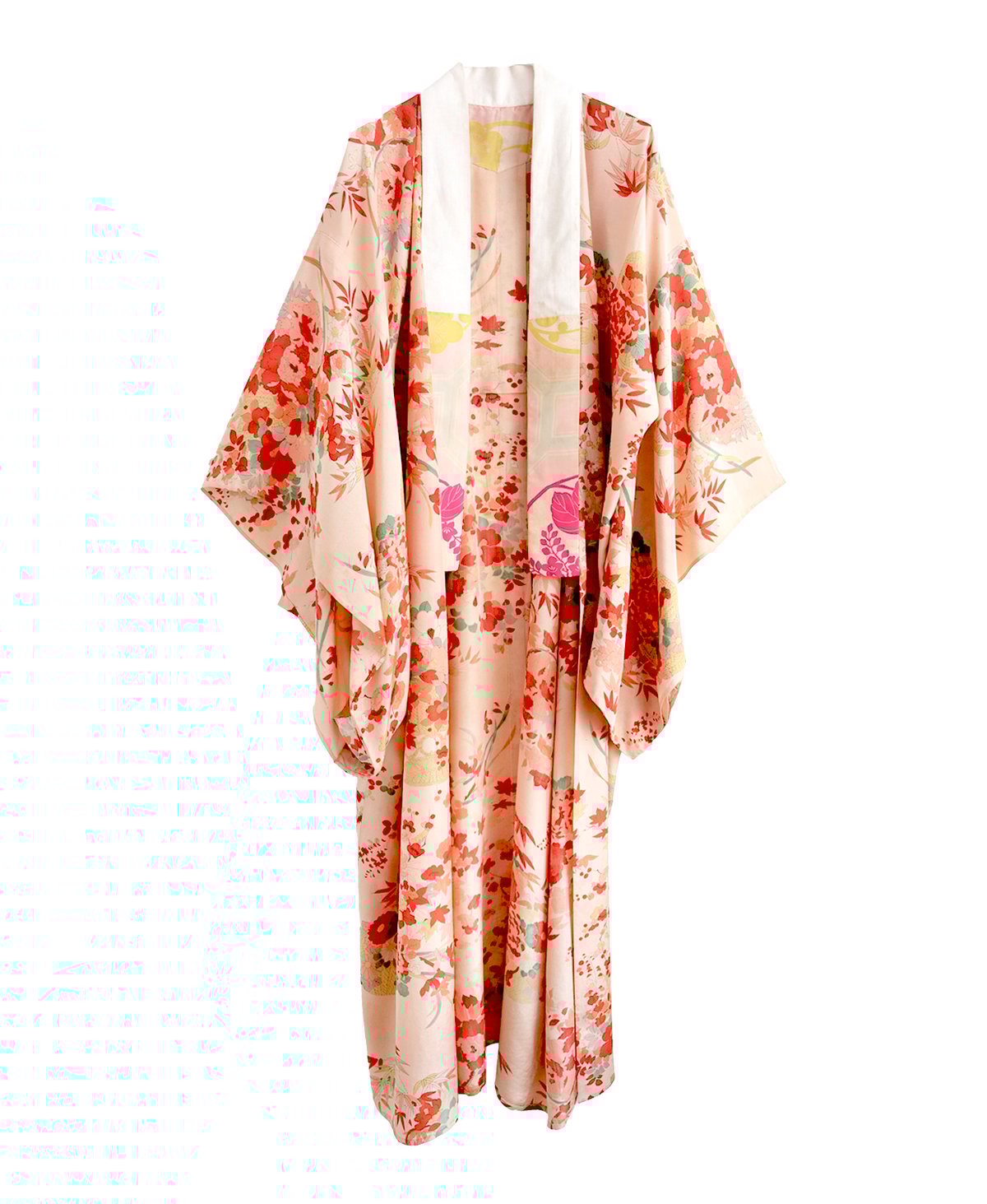 Image of Silke kimono dame i lys peach m. løv og røde blomster / 'Too Fairy..'