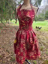 Image 3 of Linen Pinafore Apron in Burgundy & Palms