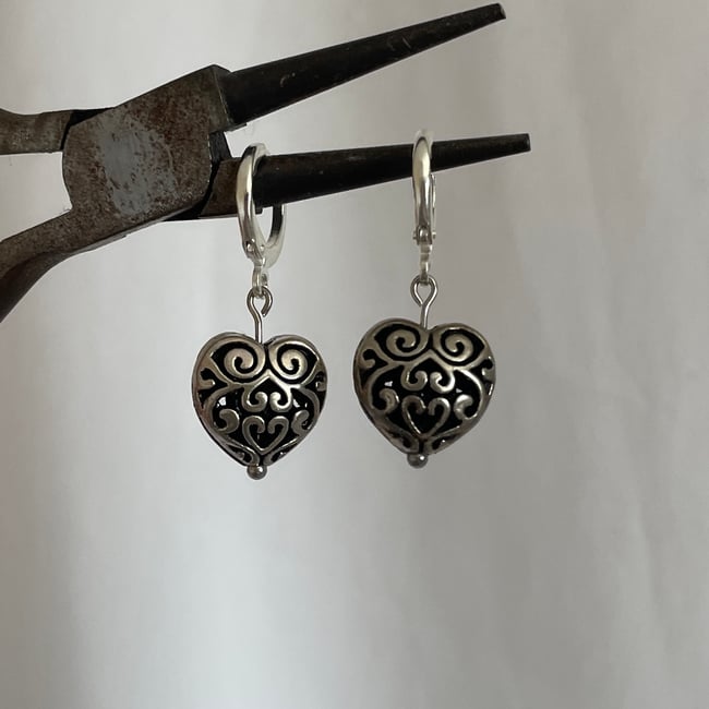 metal puffy heart silver huggie hoop earrings