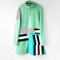 Image 2 of green stripe graphic courtneycourtney adult M/L medium large patchwork pullover zip dress
