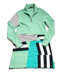 Image 1 of green stripe graphic courtneycourtney adult M/L medium large patchwork pullover zip dress