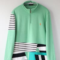 Image 3 of green stripe graphic courtneycourtney adult M/L medium large patchwork pullover zip dress