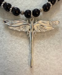 Image 3 of Onyx necklace with silver tone spacers and silver tone dragonfly pendant.