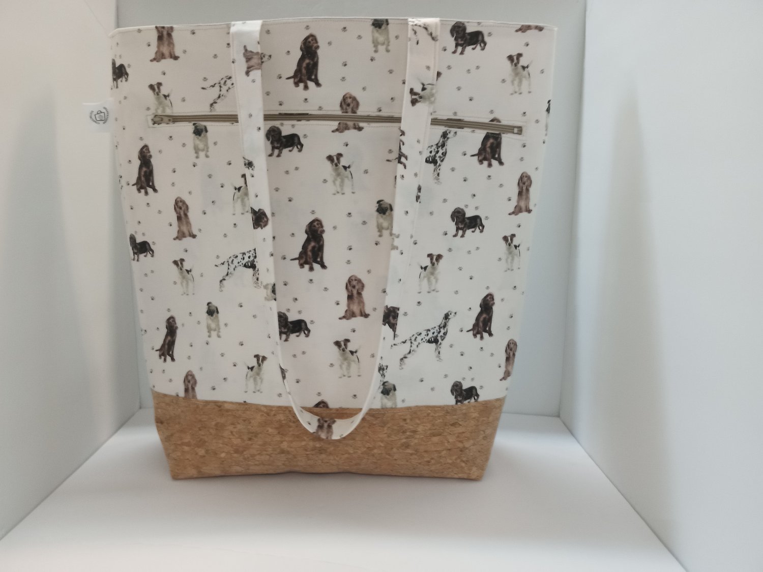 Image of Large Tote/ Project Bag In Cork & Dog Print Fabric 10% 0ff & Free Shipping for this bag 