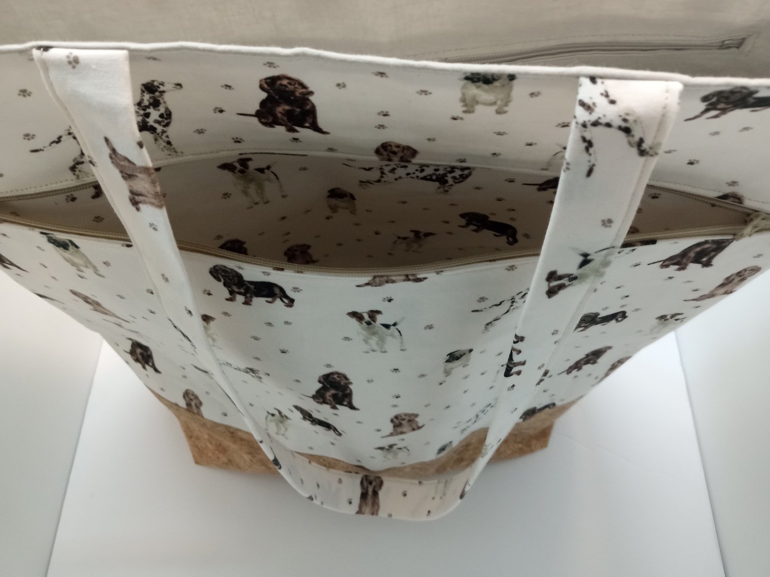Image of Large Tote/ Project Bag In Cork & Dog Print Fabric 10% 0ff & Free Shipping for this bag 