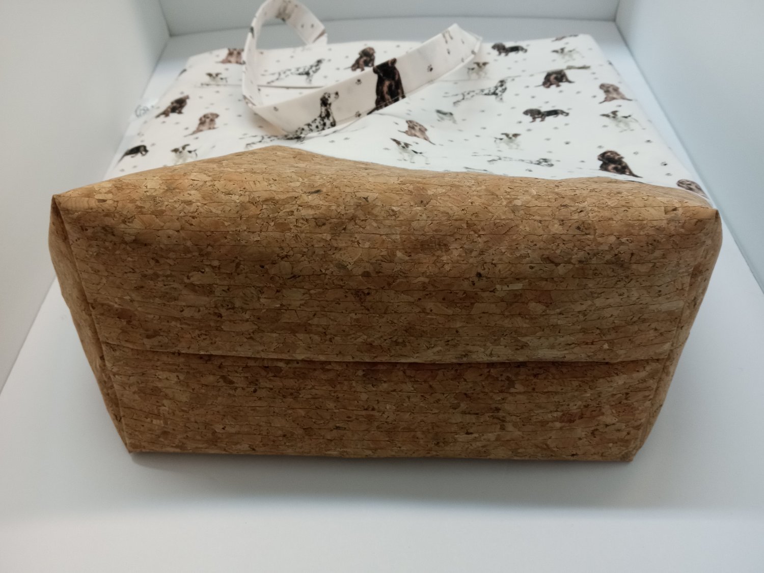 Image of Large Tote/ Project Bag In Cork & Dog Print Fabric 10% 0ff & Free Shipping for this bag