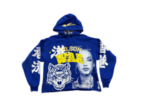 Image 1 of Sade Adu black panther Wilson Warriors War Kanji custom made screen print blue/white hoodie