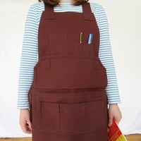 Image 1 of Unisex Woodwork Studio Apron with Adjustable Cross Back Straps and Array of Pockets. Brown Canvas.