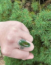 Image 6 of size 10 chunky green turquoise ring with engraved rose band