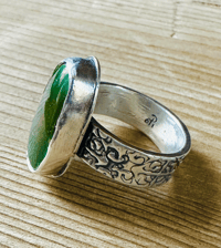 Image 3 of size 10 chunky green turquoise ring with engraved rose band