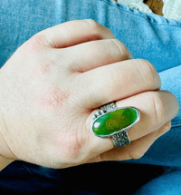 Image 8 of size 10 chunky green turquoise ring with engraved rose band
