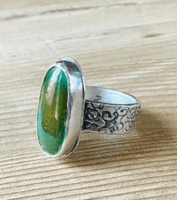Image 7 of size 10 chunky green turquoise ring with engraved rose band