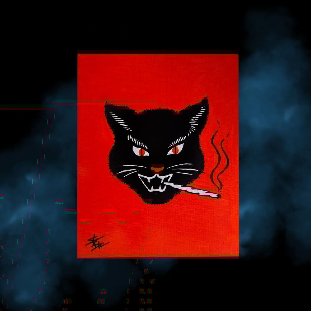 Image of "SMOKIN BLACK CAT" acrylic painting 8" x 10" 