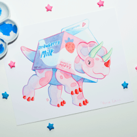 Image 1 of Strawberry Milk Trike Art Print | Dessert Dino 10"x8" Printed Reproduction