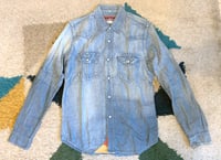 Image 1 of FDMTL indigo dyed chambray shirt with fabric detail, size M