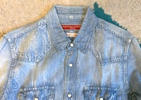Image 2 of FDMTL indigo dyed chambray shirt with fabric detail, size M