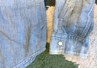 Image 6 of FDMTL indigo dyed chambray shirt with fabric detail, size M