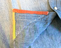 Image 5 of FDMTL indigo dyed chambray shirt with fabric detail, size M