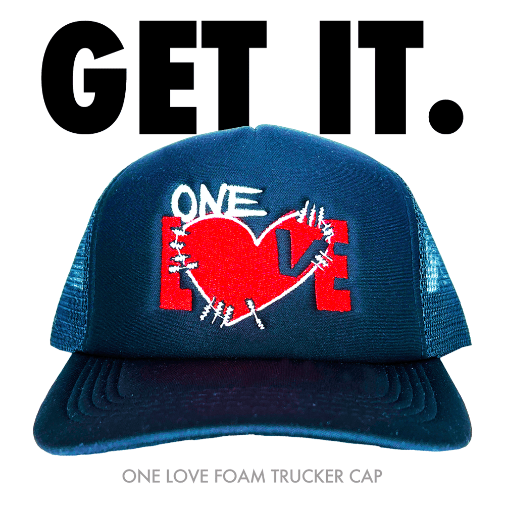 Image of ONE LOVE FOAM TRUCKER CAP  White & Red (embroidered)