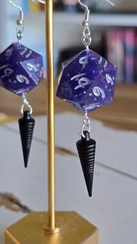 Image 5 of Blurple D20 earrings